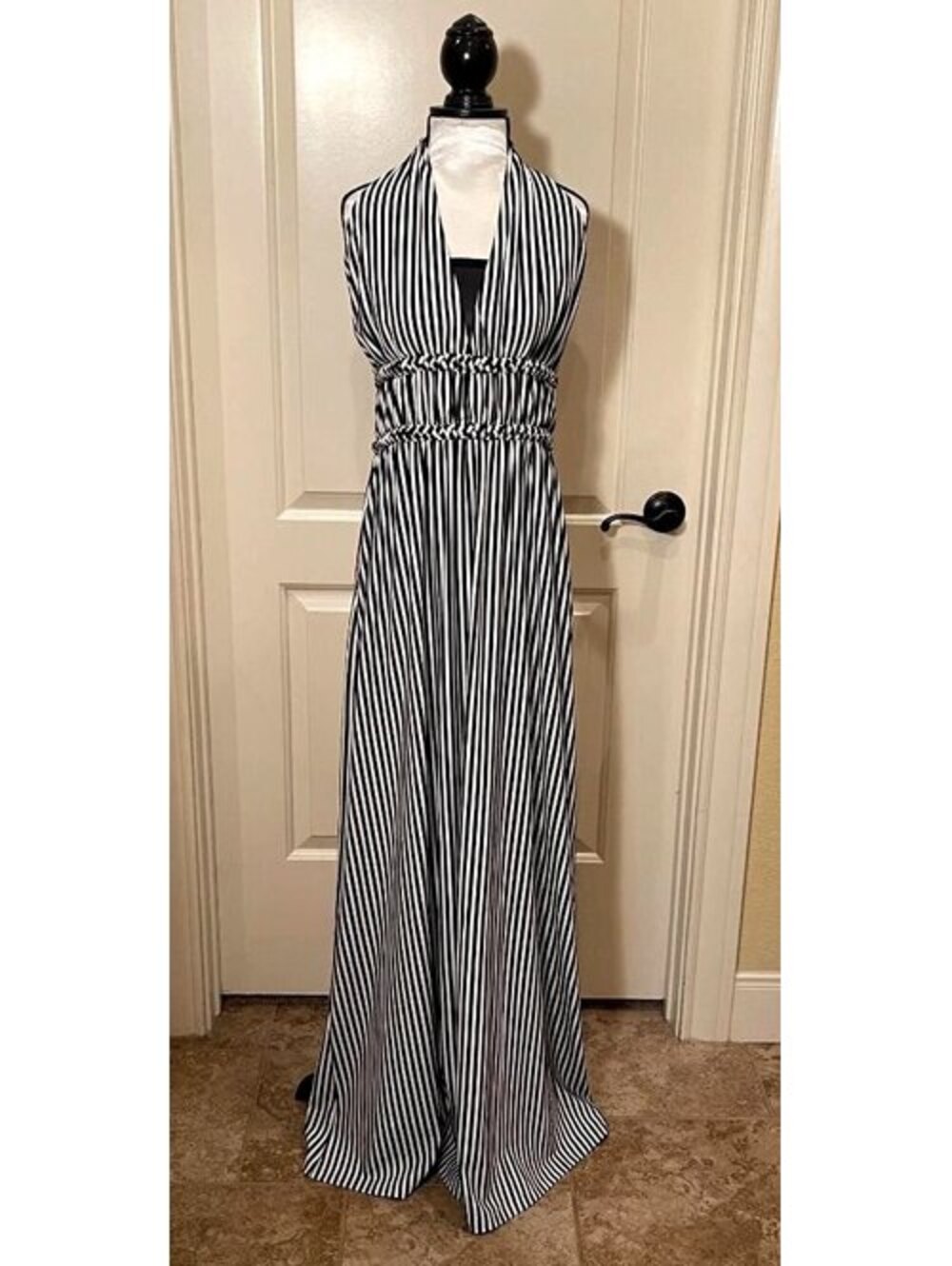 Judith March Black and White Striped Halter Maxi Dress Medium